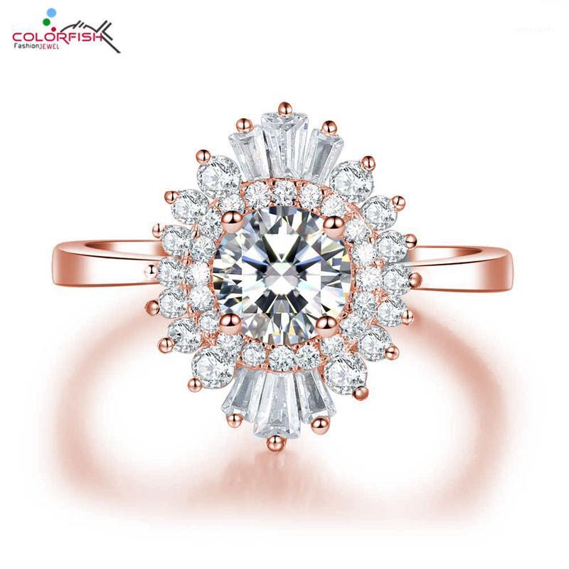 

Cluster Rings COLORFISH Solid Rose Gold 14K Round Cut 0.8ct Engagement Ring For Women Vintage Jewelry Pave Zircon Cocktail1