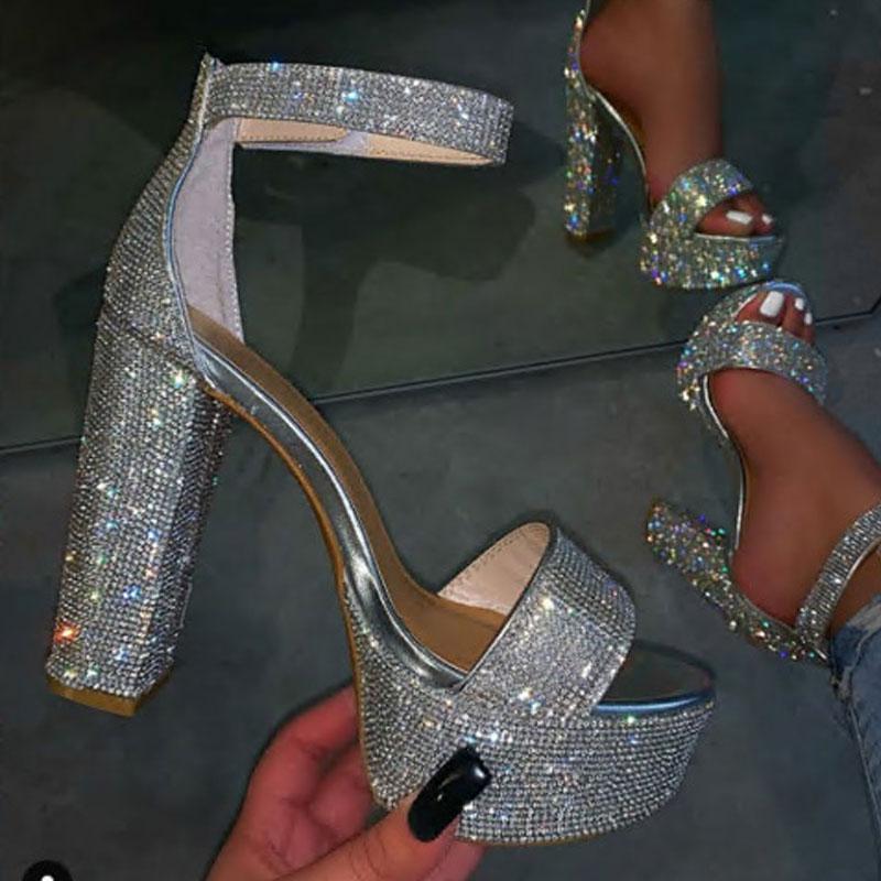 

Dress Shoes Silver Bling Diamond Women Sandals Chunky High Heels Buckle Strap Platform Glitter Summer Slipper Woman Wedding