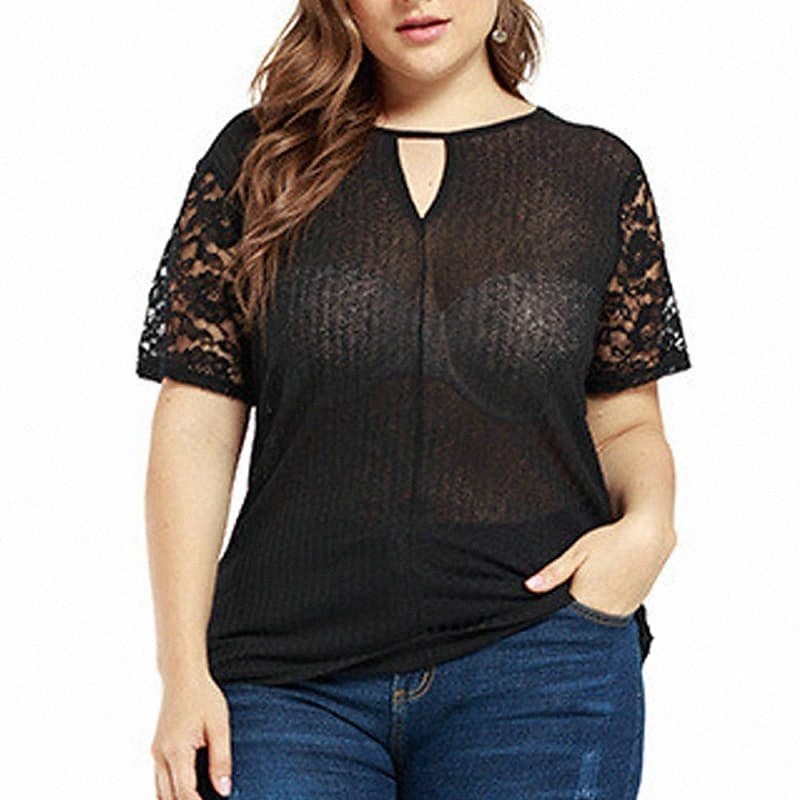 women's Plus Size Tops T shirt Plain Lace Short Sleeve Crewneck Sexy Streetwear Going out Work Nylon Summer Black 57K5#-image-756073502