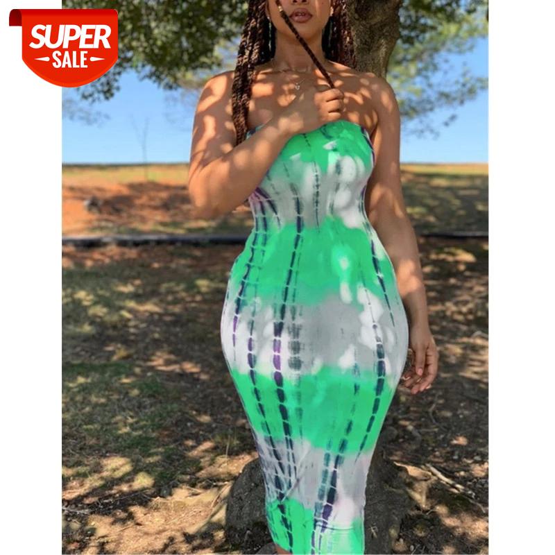 

2020 New Sexy Women Summer Dresse Sheath Off Shoulder Dress Strapless Tie Dyeing Print Sleeveless Sundress Clubwear Slim Dress #740R, Black;gray