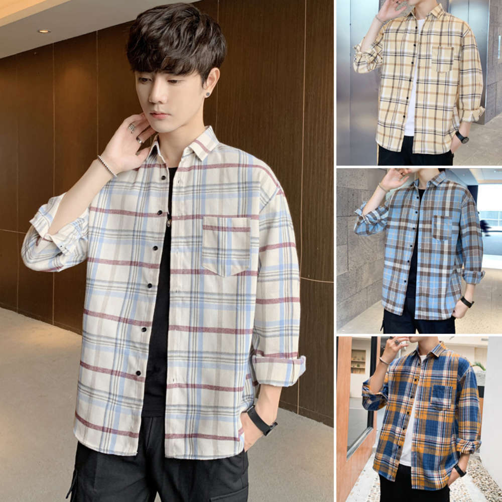 

Men's fashion color contrast Plaid Long Sleeve Shirt, White;black