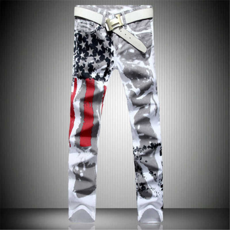 

New Arrival Men Casual American USA Flag Printed Jeans Pants Mens Graffiti Print white hip-hop fashion Jeans X0621, As the picture shows