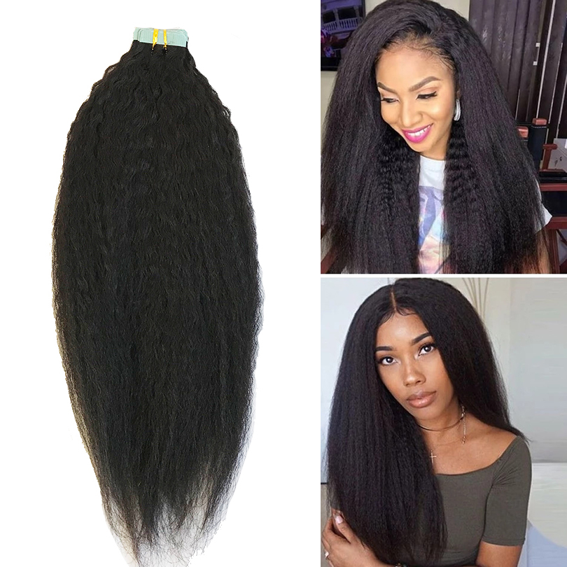 

40pcs Kinky Straight Tape In Mongolian Remy Human Hair Extenions 8-30inch Natural Color Can Be Dyed, Color #4