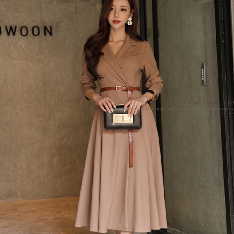 

ZAWFL high quality temperament elegant vestido da festa Autumn Winter Korean OL belt waist Notched Long sleeve dress 210603, Picture color
