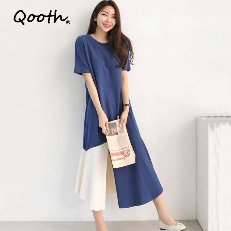 

Qooth Casual T shirt Dres Shirt Summer Loose Short-Sleeved Split Female Patchwork Blue Maxi QT041 210609