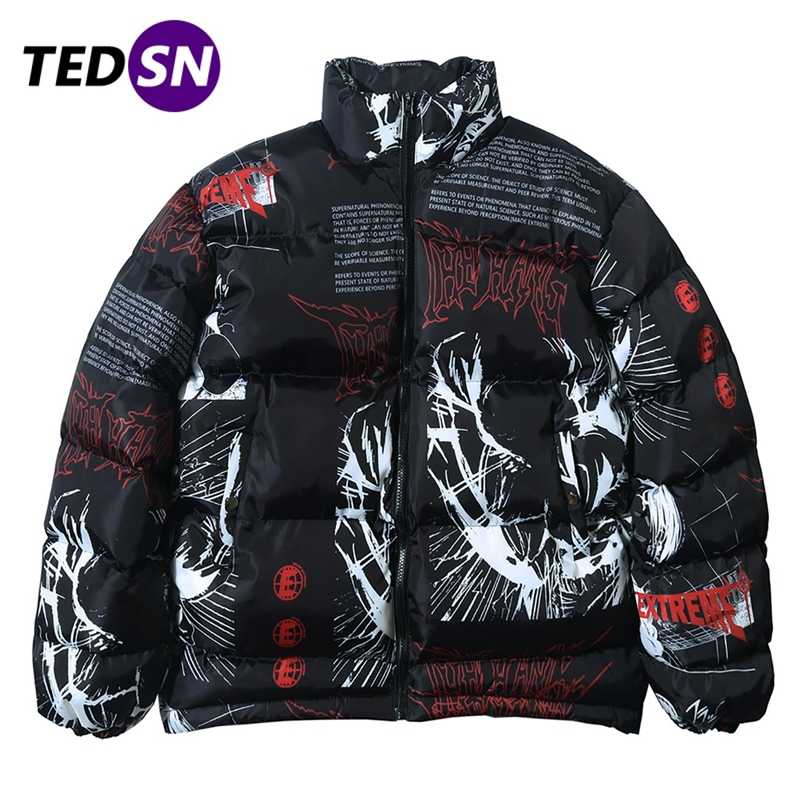

TEDSN Down Jacket Japanese Cartoon Graffiti Print Men Thick Parka Winter Warm Padded Coats Harajuku Windbreaker Streetwear 211110, Green