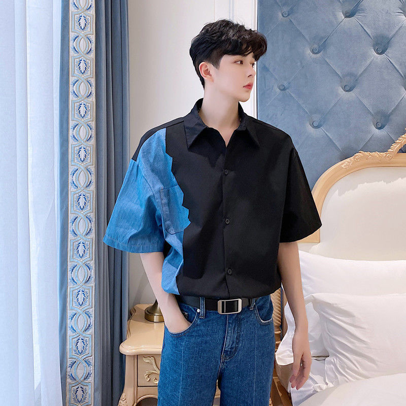 

2021 New Men's Design Denim Stitching Hawaiian Fashion Loose Short Sleeve Shirt Streetwear Camisa Masculina Shirts Size M- Kisv, White