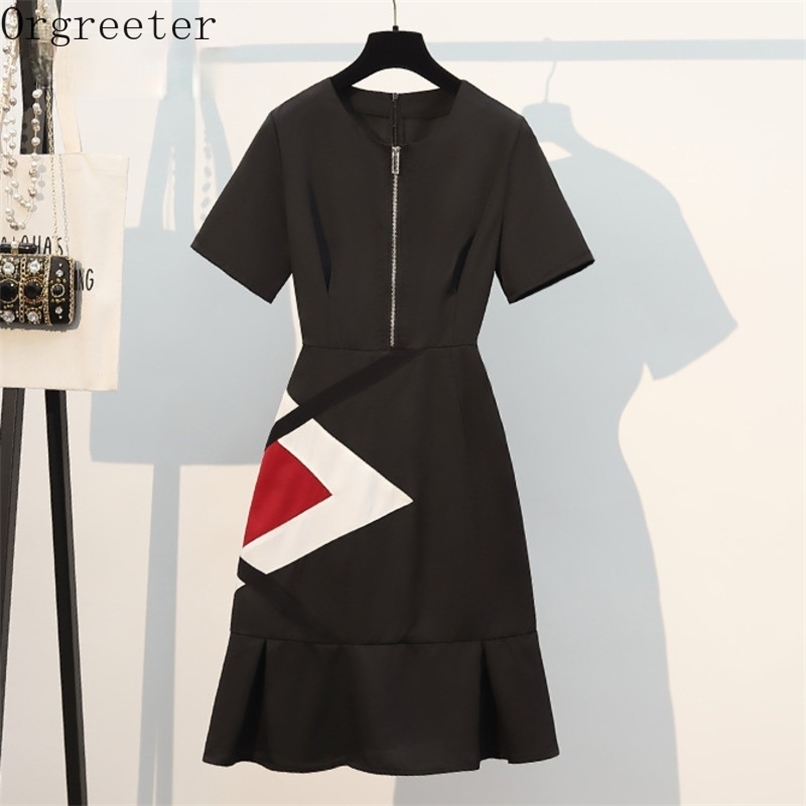 

Plus size Women Dress Summer Office Ladies O-neck Shirt for Zipper Deco Patchwork Mermaid es Vestidos 210602, Black
