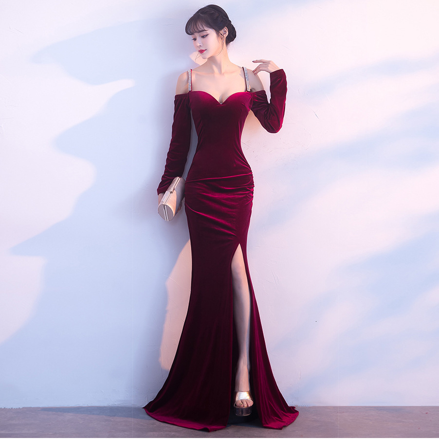 

Women's 90s Retro Velvet Side Slit Formal Evening Gown Sleeve Off Shoulder Slim Fishtail Party Dresses 35o9, Royal blue