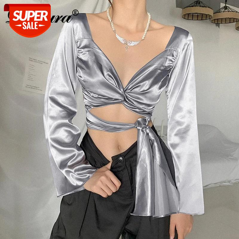 

Dulzura Satin Women Lantern Sleeve Shirts Crop Top V Neck Hollow Out Lace Up Bandage Elegant Party Streetwear 2020 Autumn Winter #Eg4O, White