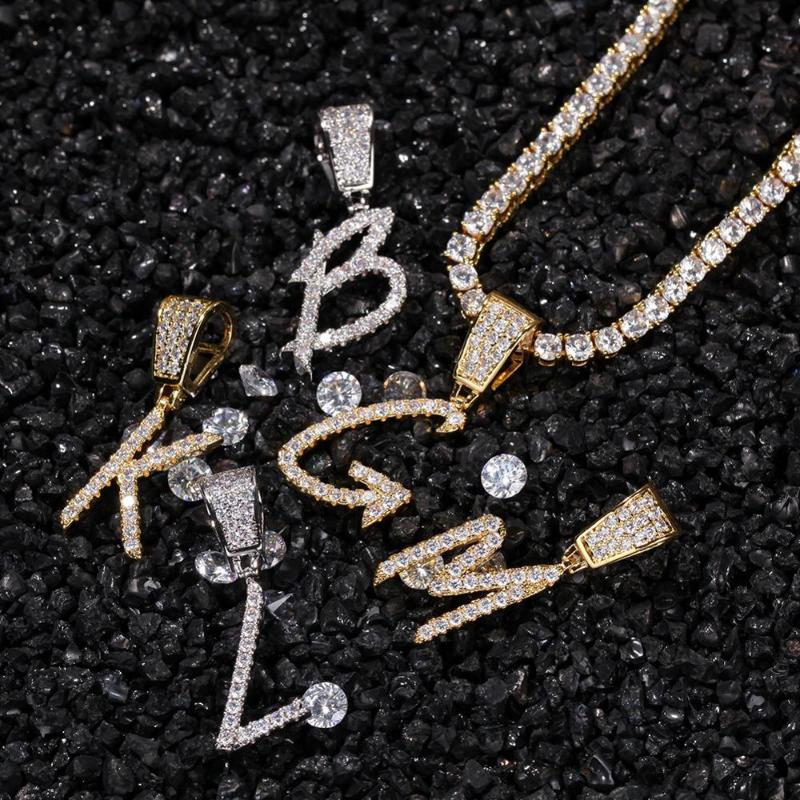 Pendant Necklaces Hip Hop Micro Paved CZ Cubic Zirconia Bling Iced Out Thin Letter Pendants For Men Rapper Jewelry-image-708544025