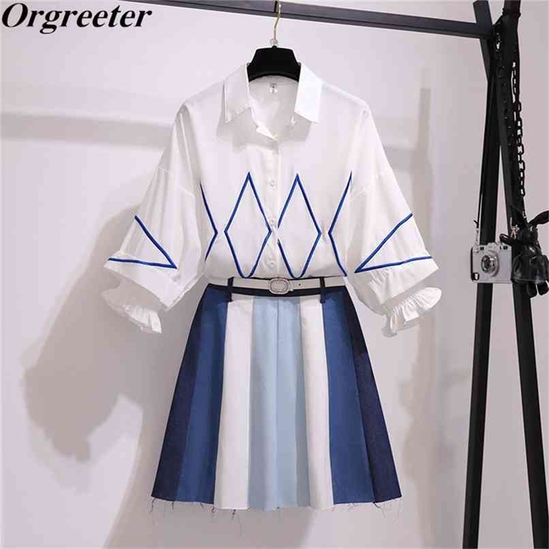

Stitching Contrast Color Short Skirt 2 Piece Set Women Rhombus Embroidery Lantern Sleeve Shirt + Belt Denim A-line Twinset 210602, Blue