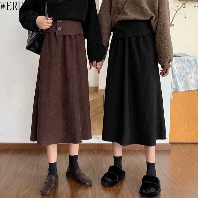

WERUERUYU Skirt Women Fashion Autumn Winter Korean Knee Length A-line High Waist Skirt Female Casual School 210608, Photo color