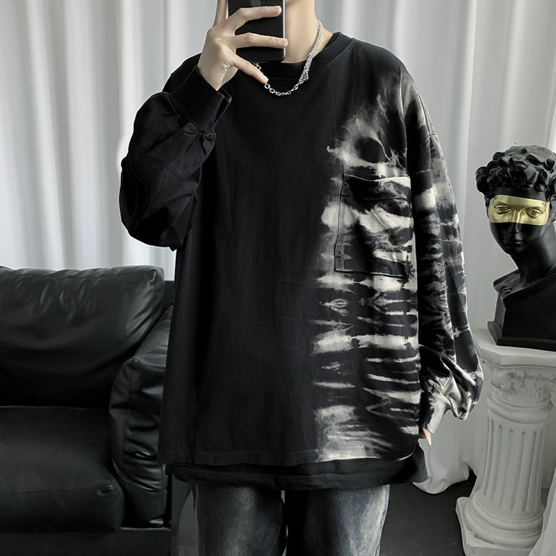 

2021 New Spring Autumn Cotton Tie-dye T-shirt Men's Fashion Retro Casual t Shirt Men Streetwear Korean Loose Long-sleeved Tshirt Mens Ig8l, Black