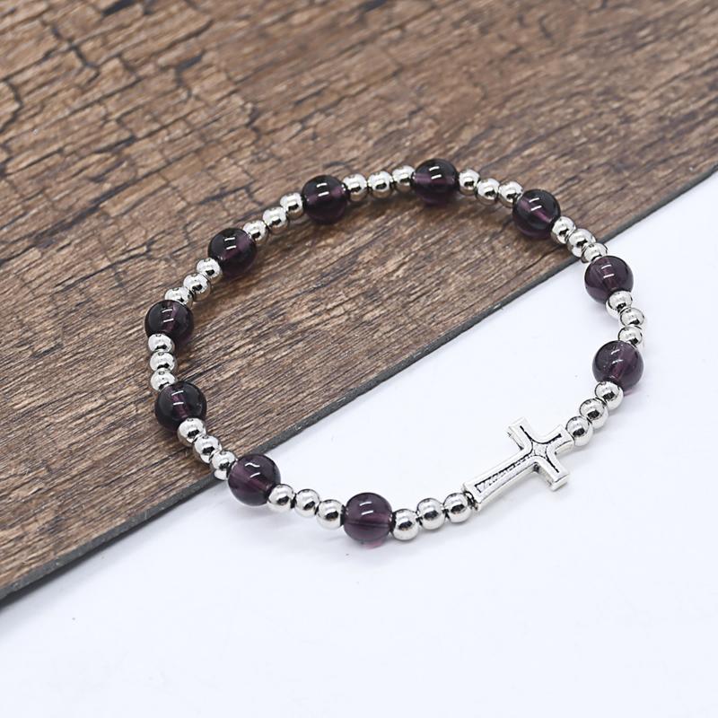 

Beaded, Strands Religious Catholic Rosary Beaded Bracelet Simple Silver Color Cross Pendant Elastic Chain For Women Holy Prayer Jewelry