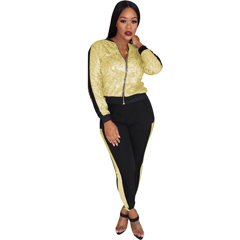 

Fall Winter Fashion Plus Size Sequined Patchwork Glitter Tracksuit Jogging Suits for Women Zipper Top+Pencil Pants Clothing Sets 210604, Rose gold