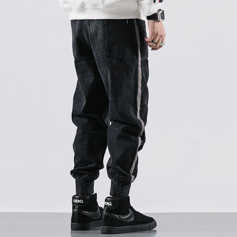 

2021 New Fashion Streetwear Loose Fit Stripe Spliced Denim Cargo Pants Slack Bottom Japanese Vintage Hip Hop Jeans Men Joggers Va8r, Black