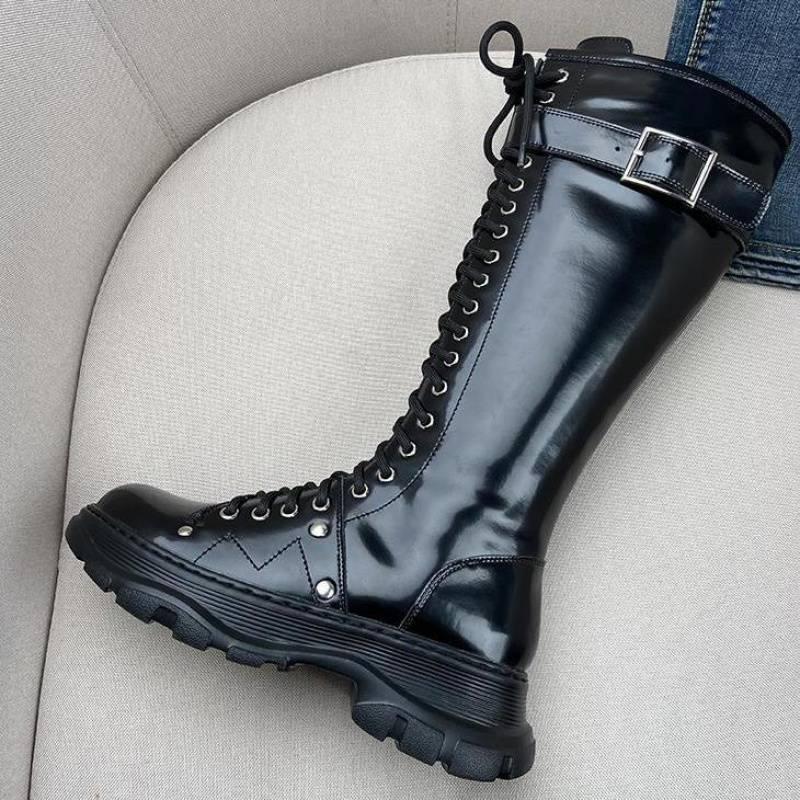 

Boots Female Rider PU Solid Color Keep Warm Waterproof And Non Slip Bandage Side Zipper Platform Women High, Black