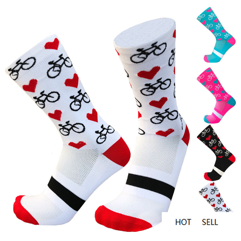 

Cycling Socks Men Women Compression Mountain Racing Heart Pattern, Black white
