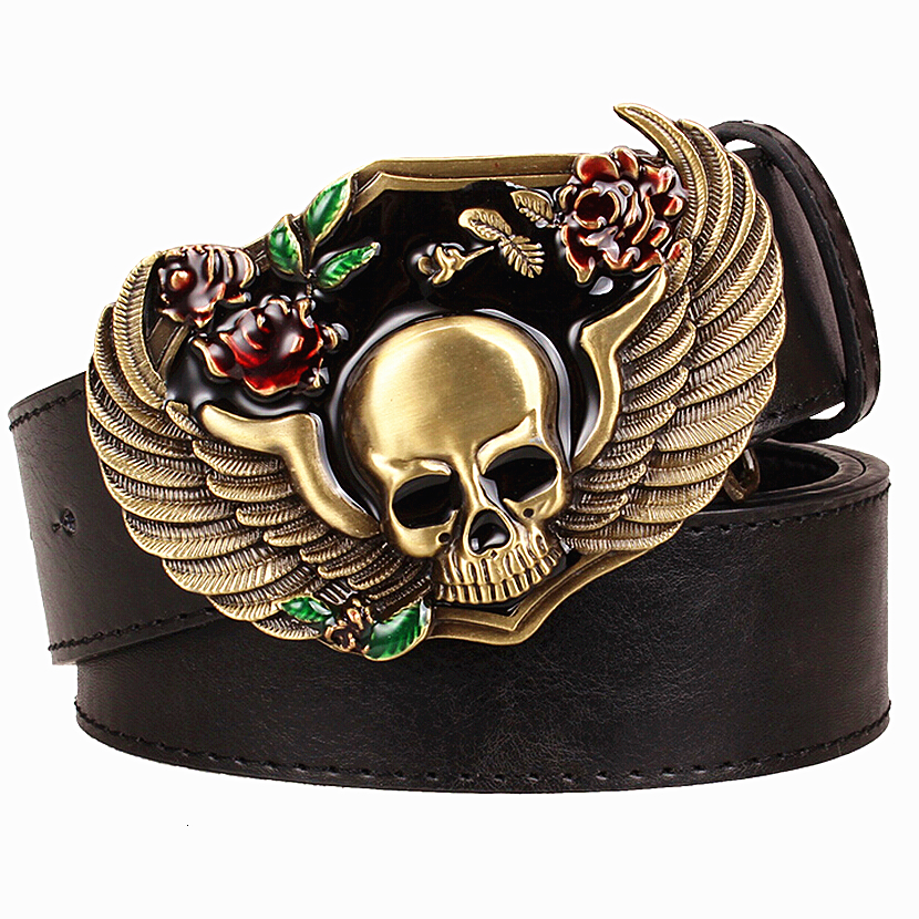 

2021 New Personality Men's Metal Buckle Colour Skull Totem Belts Wing Skeleton Head Pattern Style Trend Belt for Men 4tnj, Black