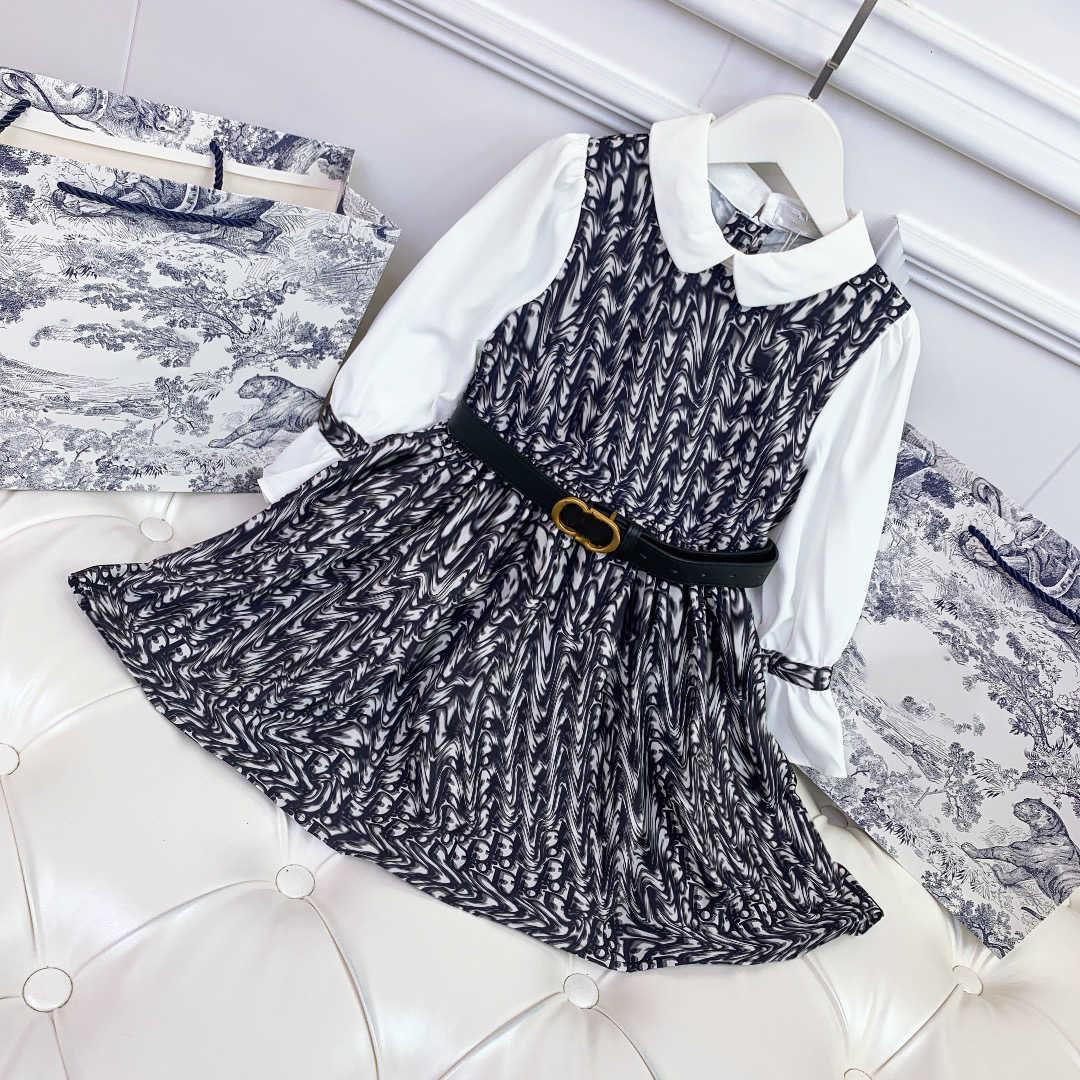 

luxury girls dress with belt sets childrens autumn di print design dresses long sleeve girls princess wear size 100-160 black color, 03