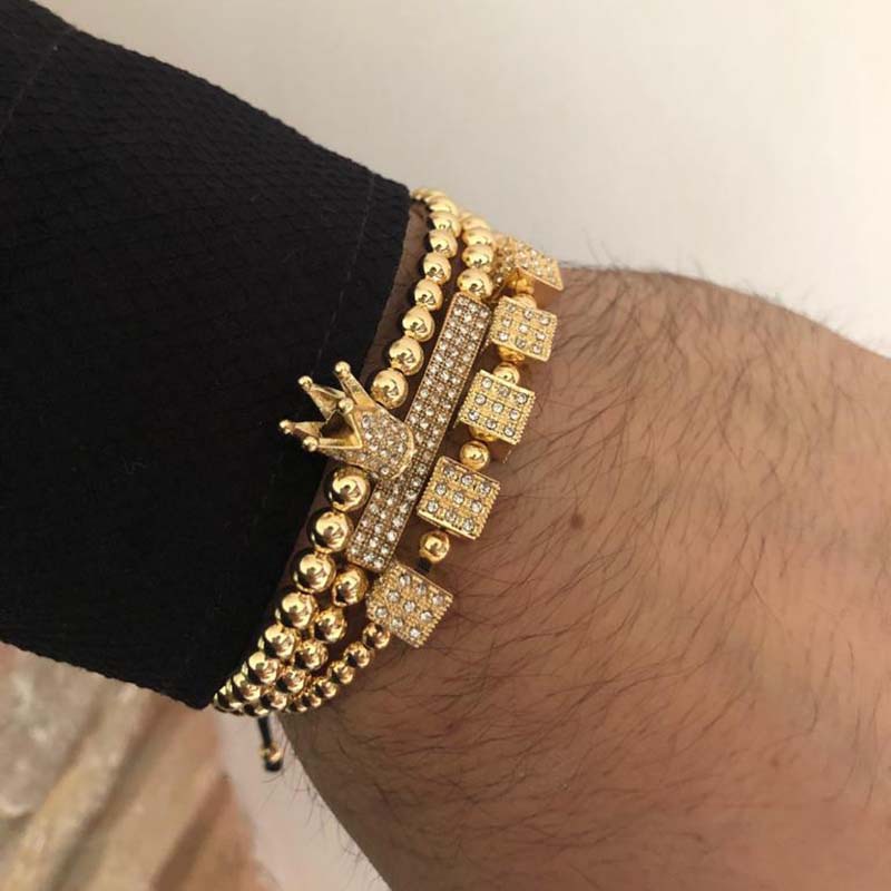 

3pcs/Set Fashion Mens Bracelets Alloy Punk Bangles Gold Pulseira Bileklik Crown Beaded Bracelet Jewelry