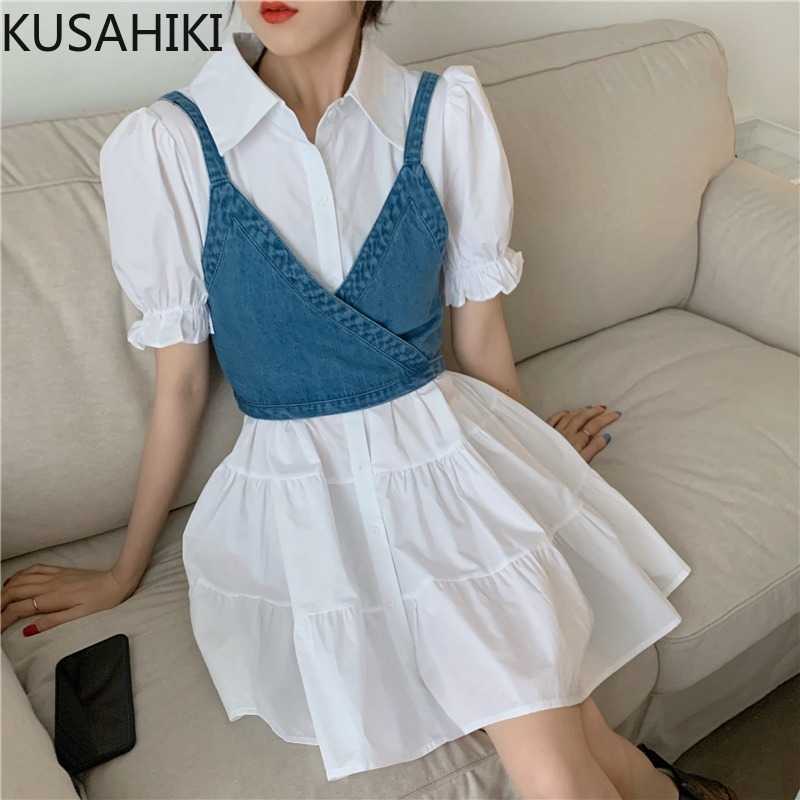 

KUSAHIKI Women Summer 2piece Sets Puff Short Sleeve Causal Blouse Dress + Demin Bow Bandage Sling Vest Outfits 6F752 210602, Blue