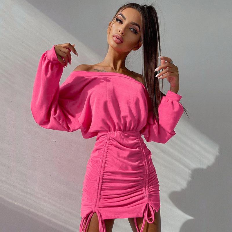 

Casual Dresses 2021 Women' Autumn Fashion Pleated Lace Strapless Long-Sleeved Mid-Waist Oblique Shoulder Slim Dress Women, Green