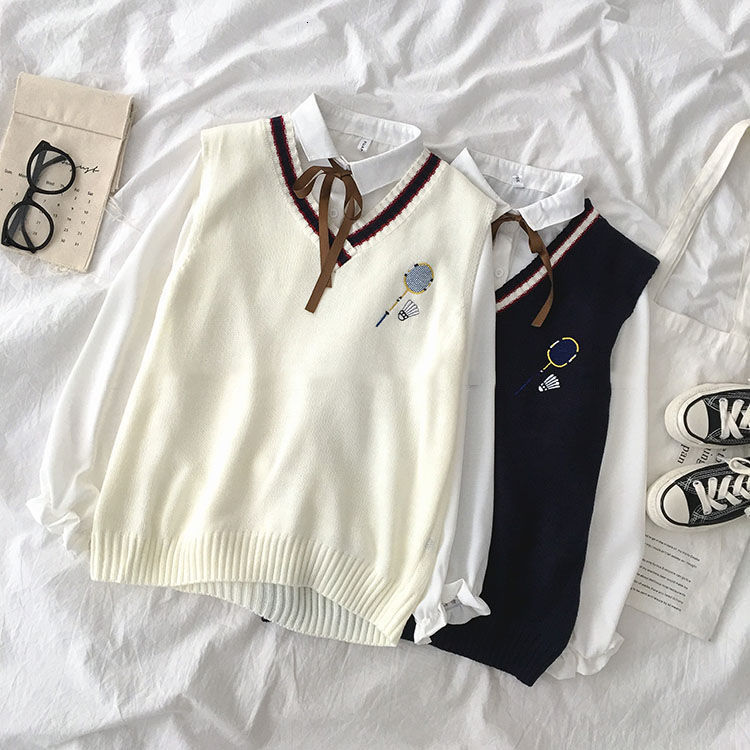 

2021 Spring and Fall New Female Style Student Knitting High School Fashion Vest Cotton Sweater U6pr, White