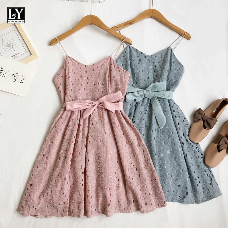 

LY VAREY LIN Summer Women Sweet Suspender Dress V-neck Hollow Out Lace High Waist Short es Party A-line 210526, Apricot