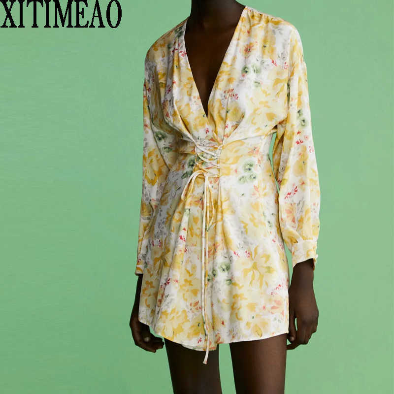 

ZA Women Dress Long Sleeve V Neck Tightness High Waist DrawstringSkirt Female Holiday Swing A Line Mini XITIMEAO 210604, Yellow