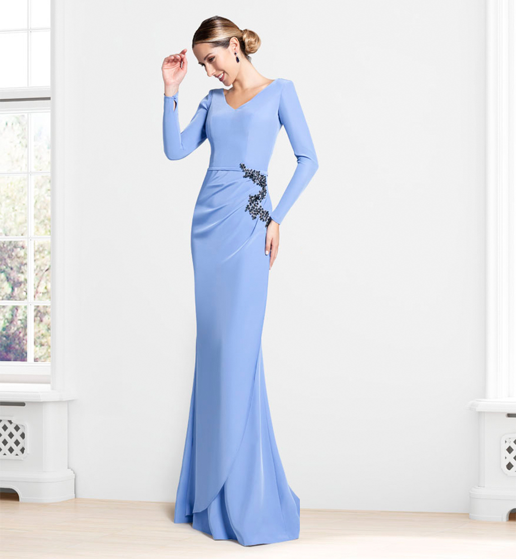 V-Neck Long Sleeve Prom Dresses Light Sky Blue Elastic Satin Sheath Floor Length Evening Gowns Dress Formal-image-727529405
