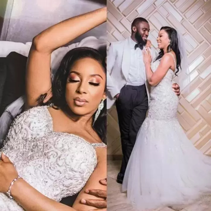 

2022 new Stunning African Bridal Gowns Spaghetti Straps Lace Appliques Beads Crystal Sweep Train Robe De Mariee Mermaid Wedding Dresses, White