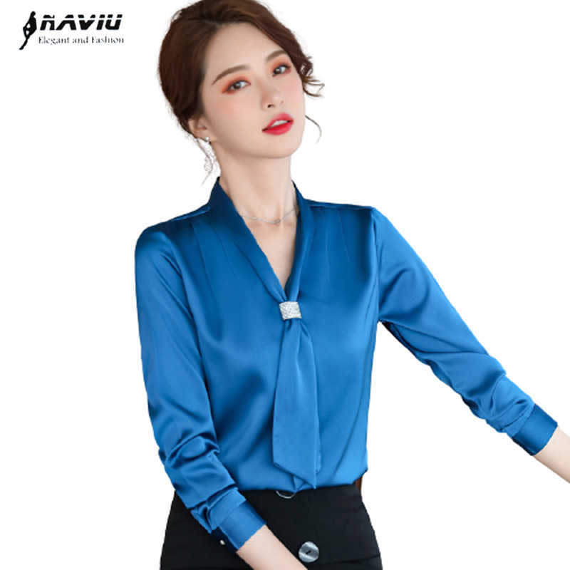 

Blue Shirt Women Design Streamer Spring Temperament V Neck Chiffon Satin Blouses Office Ladies Formal Loose Work Tops 210604
