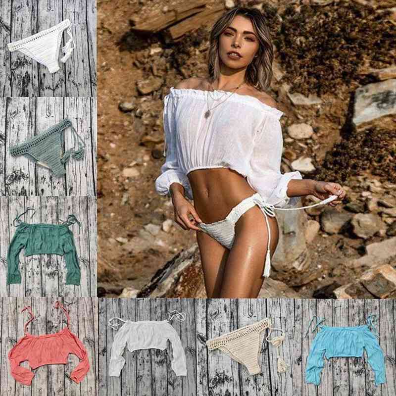 

off shoulder see through wrinkle tank wearing the white gaia hand crochet bikini set beach brazilian bottom, White;black