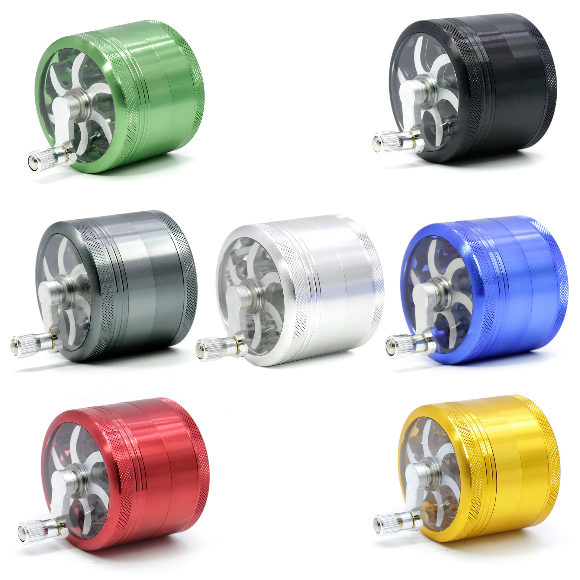 

Smoking Grinders Accessories 63mm 4 Parts ALUMINUM MULTI COLORS HANDLE Rocker Smoke Herb Grinder Tobacco Crusher