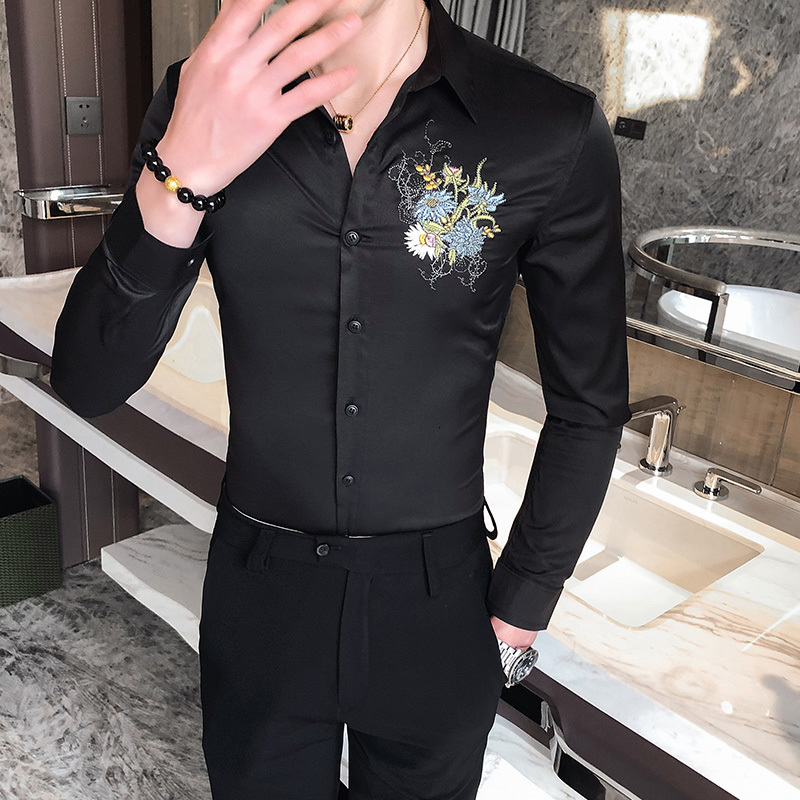 

New Estilo Britnico Simples Bordado Camisa Dos Homens Manga Longa 2021 Primavera Nova Magro Ajuste Casual Festa/baile De Formatura/clube Blu, Black