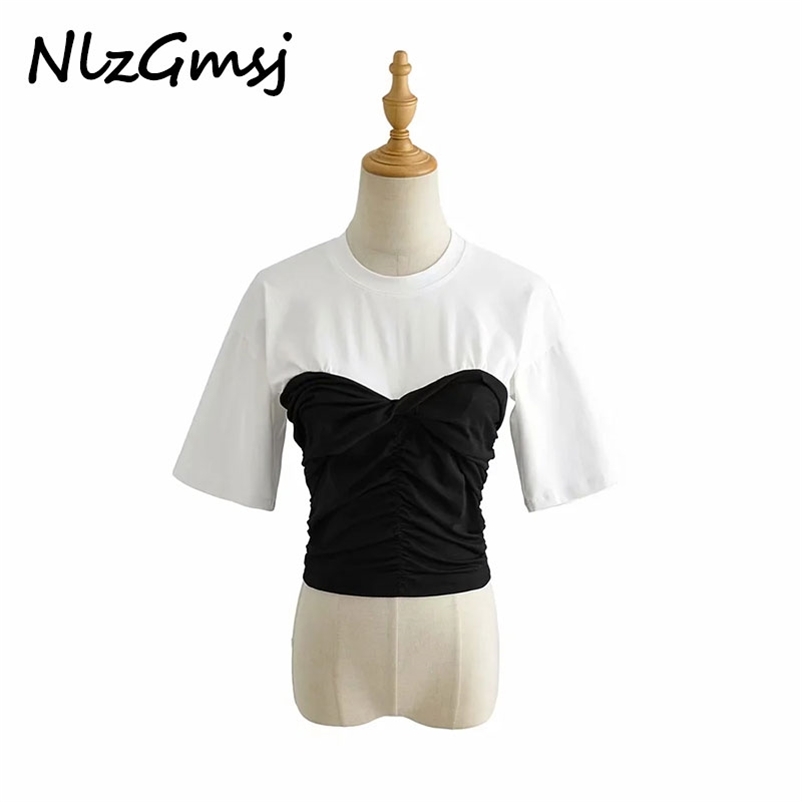 

T Shirt Patchwork Ruched For Women O Neck Short Sleeve Hit Color -shirt Female Fashion Clothing 06 210628, As picture
