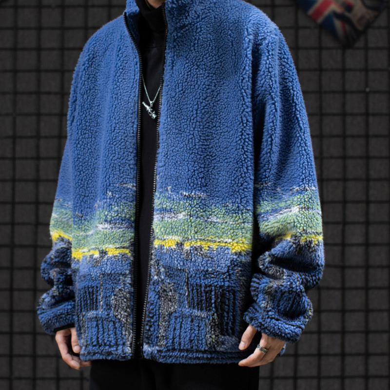 

2021 New High Street Lamb Veet Men's Winter Stand Tie-dye Cotton Padded Jacket Windbreaker Oversize Thick Parkas Qrkg, Pic color