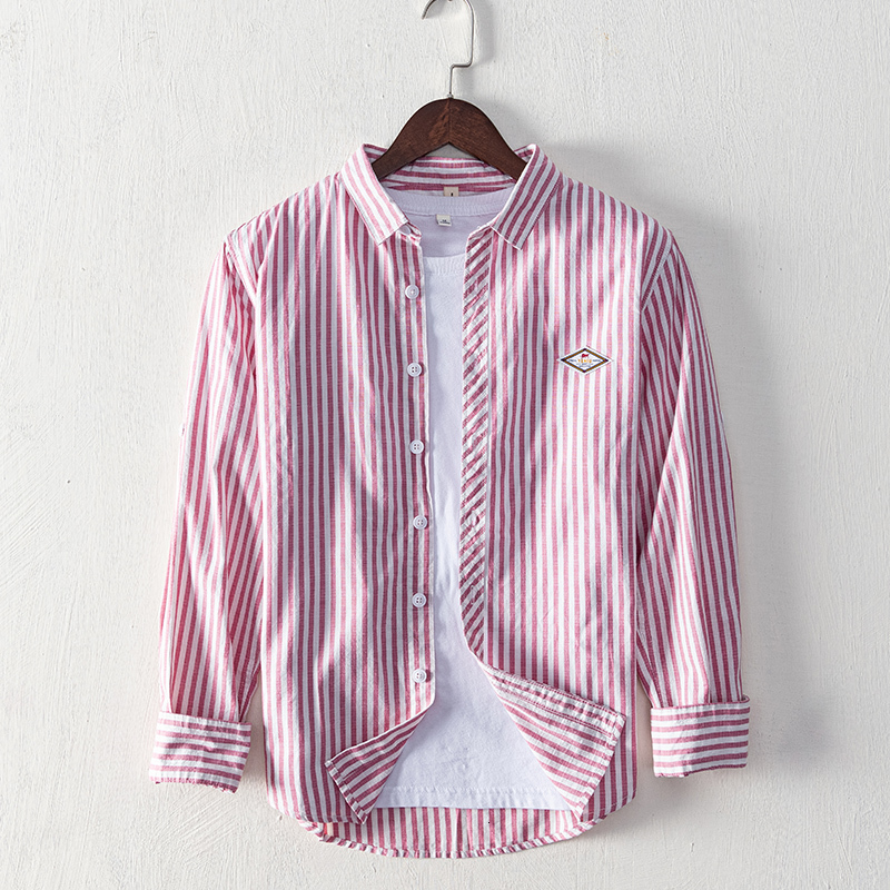 

2021 100% Cotton Casual Spring Style Male Striped Shirts Make Fashionable Men's Shirt Comfortable Chemise 7ioq, Coral red