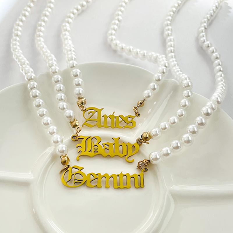 

Chains Trendy Stainless Steel Gold Letters Pearl Necklace For Women Men 12 Constellation Letter Baroque Choker Necklaces Jewelry, Silver
