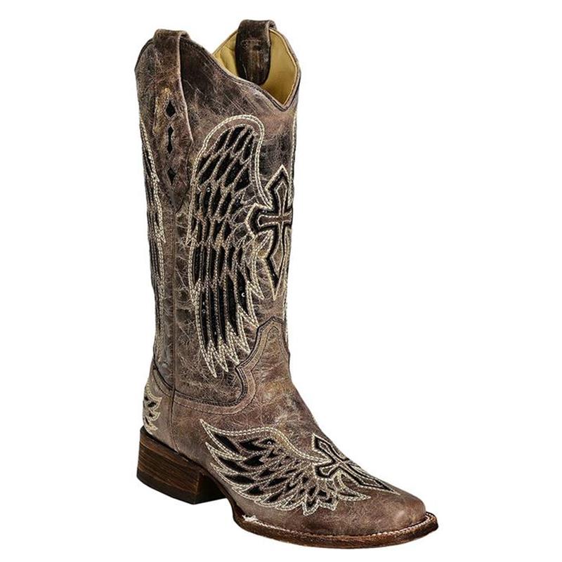 

boots Women Shoes Fashion Trend Street Handmade Solid Color PU Sequin Stitching Wings Cross Square Toe Western Cowboy Boots ZQ0528, Rosy
