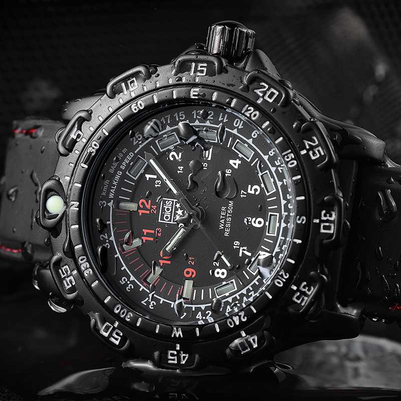 

Wristwatches Addies Men's Watch Silicone Strap 50m Waterproof Military Sports Quartz 45mm Rotating Bezel Alloy Case Tube Luminous, Black