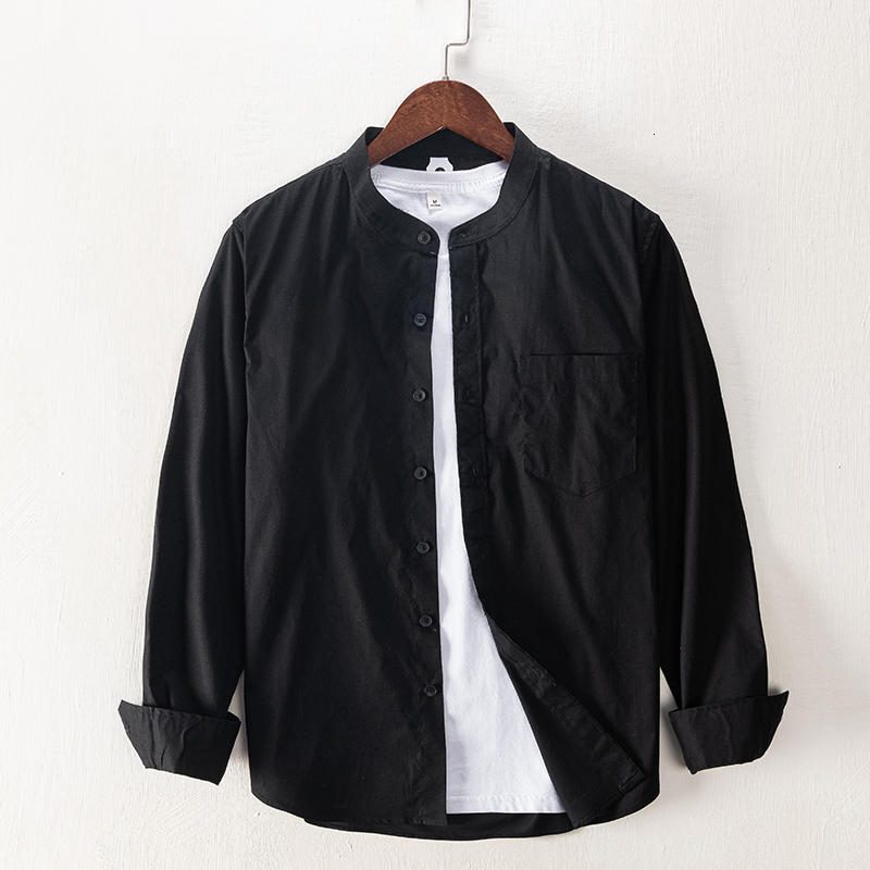 

2021 100% Cotton Style Black Collar Solid Brand Casual Men's Shirts Fashion Male Shirt U4zm, White