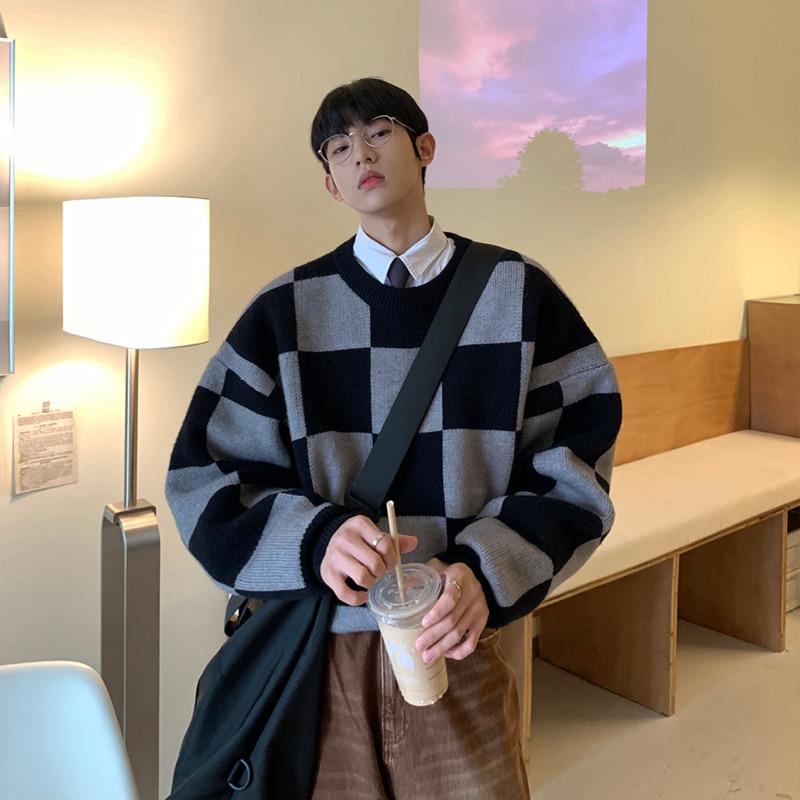 

Men' Sweaters Oversized Plaid Sweater Men Warm Fashion Casual Knitted Pullover Korean Loose Long-sleeved Mens Jumper Clothes -XL, Khaki