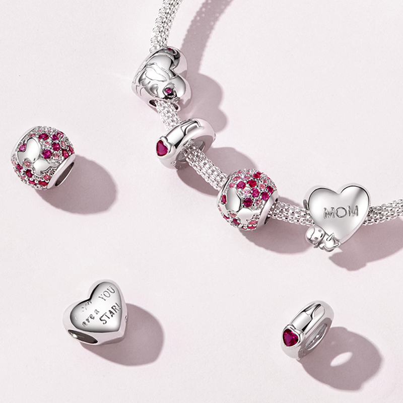 

Mother Day Charms Gift BISAER 925 Sterling Silver Pink Zircon Mom Heart Beads for Women Bracelet Necklace Family Jewelry ECC1460 Q0531