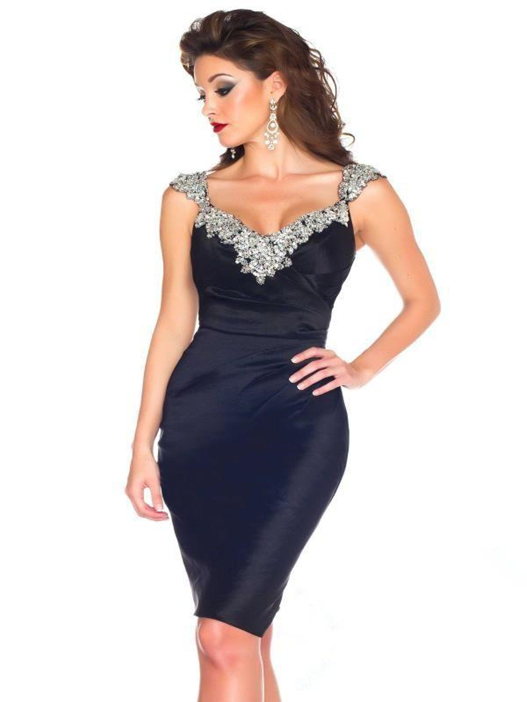 

New Sexy Short Cocktail Dresses Cap Sleeve Scoop Neck Crystals Beadings Satin Sheath 2021 Party Gowns Custom Made, Navy blue