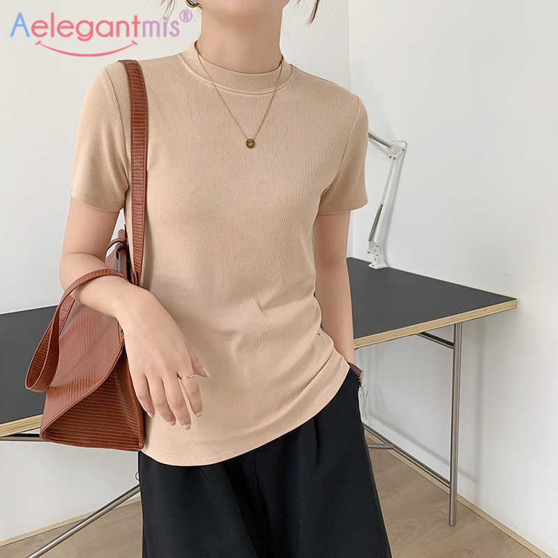 

Aelegantmis Short Bottoming Slim T Shirts Women Basic Soft Female Solid Sleeve Casual Korean Chic ops Summer 210607, White