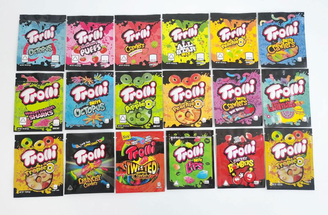 

Trrlli Trolli edibles packaging bags 600mg 29 designs sour brite crawlers watermelon sharks llamas octopus peach rings errlli berry worm gummy
