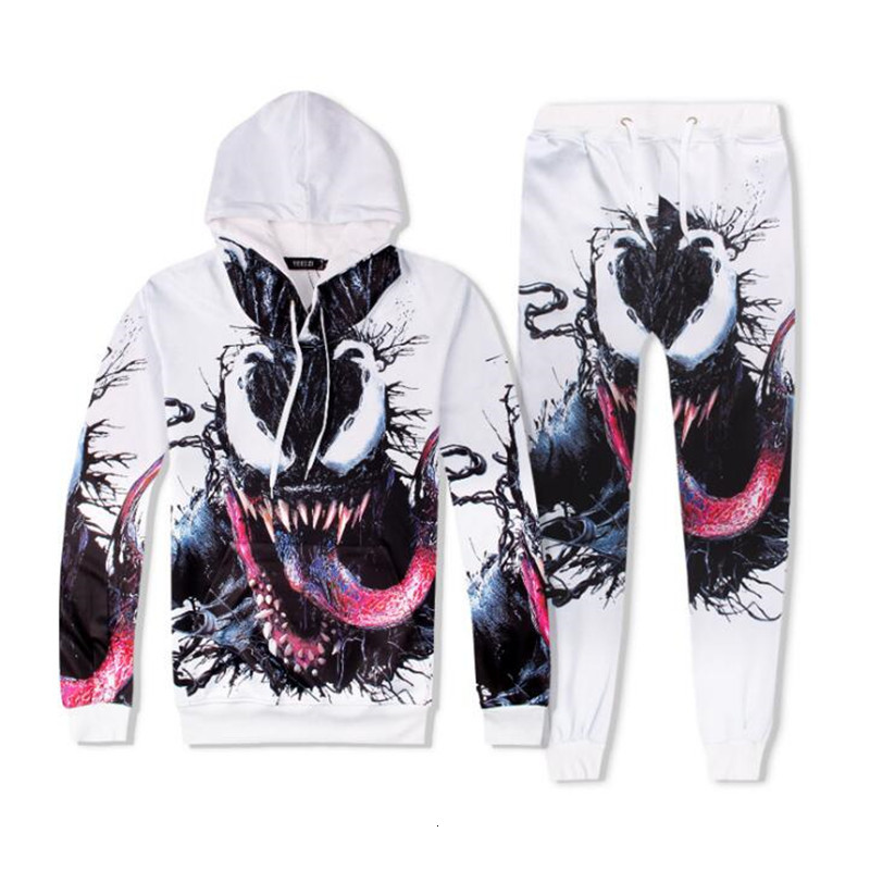 

High Quality Elastic Cotton Sports Suit Men's 2021 Spring Clothing Youth Fashion 3d Printing Venom Long Sleeve Hoodie + Pants Oyb2, White;black
